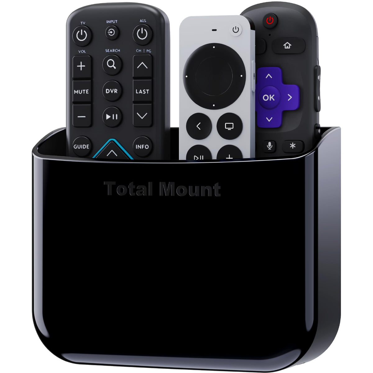 TotalMount hole-free remote holder on wall holding two remotes neatly.