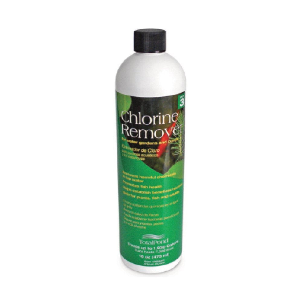 TotalPond Chlorine Remover Plus 16oz bottle safeguards new fish by detoxifying tap water.