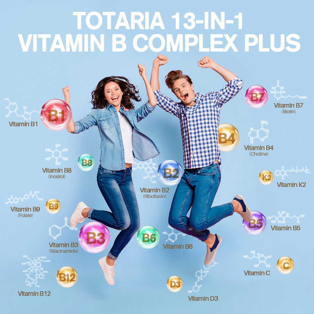 Totaria 13-in-1 Vitamin B Complex bottle showing vegan formula for daily energy