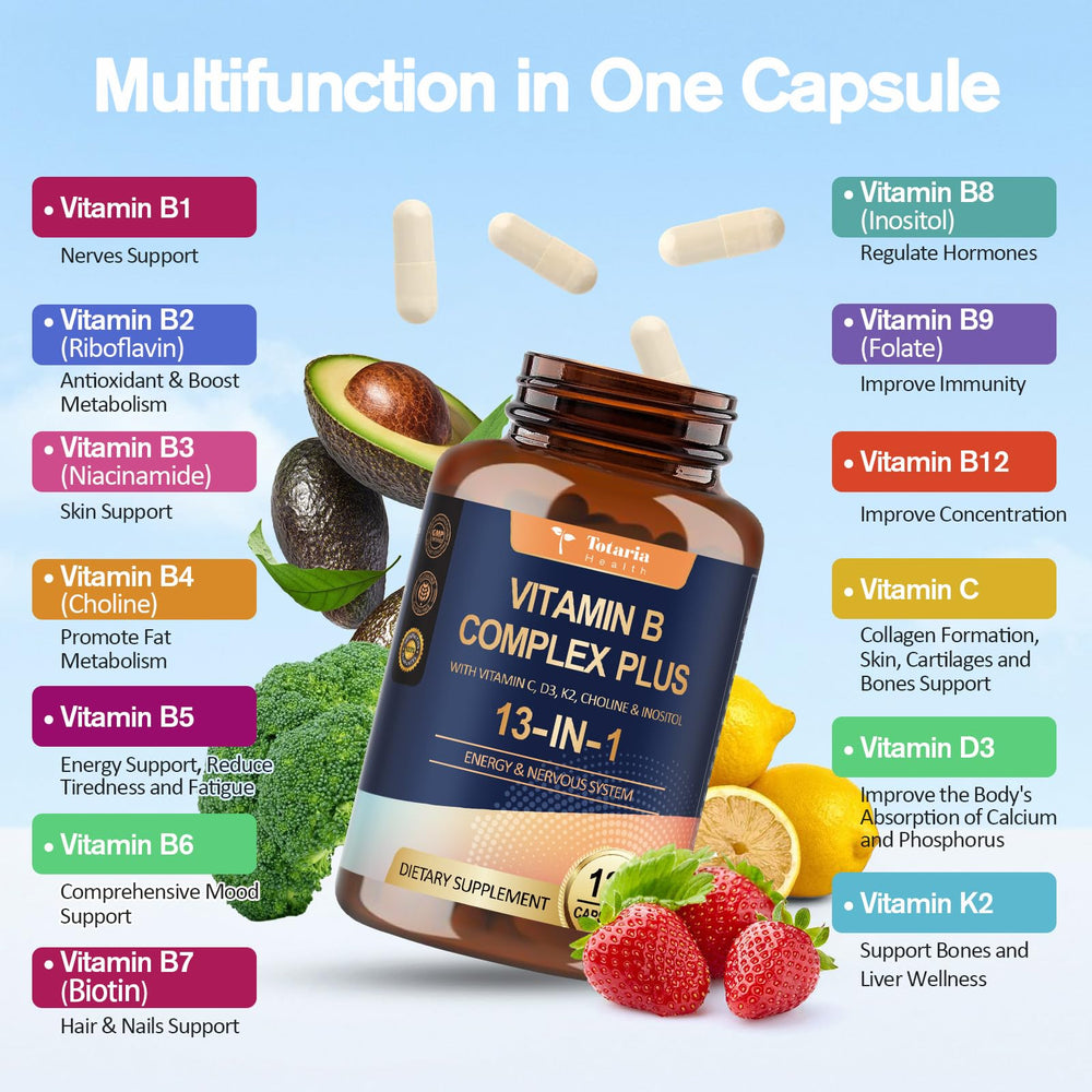 Totaria 13-in-1 Vitamin B Complex label with ingredients and benefits