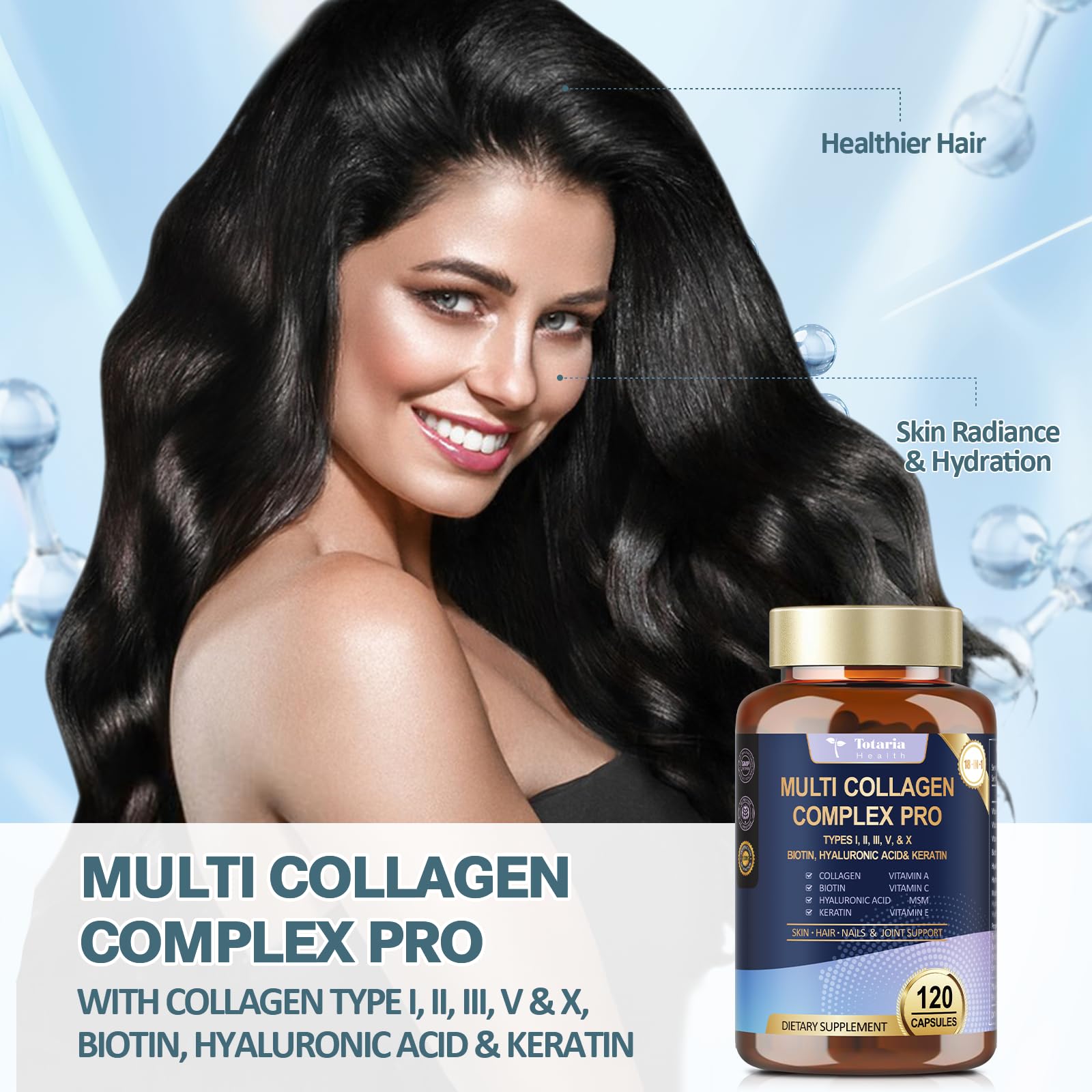 Totaria 18-in-1 capsules pour, suggesting a convenient daily beauty routine.