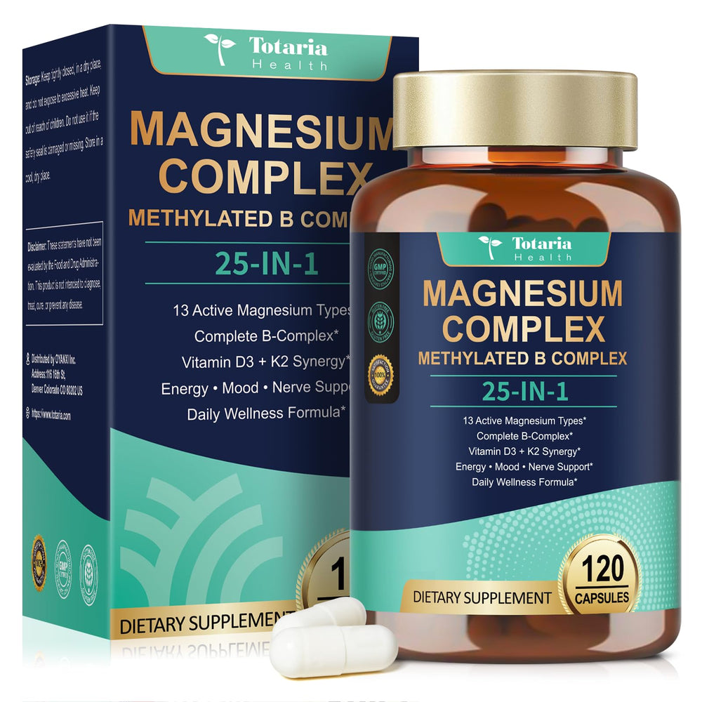 Totaria 25-in-1 magnesium complex bottle cap showing broad magnesium blend for calm evenings