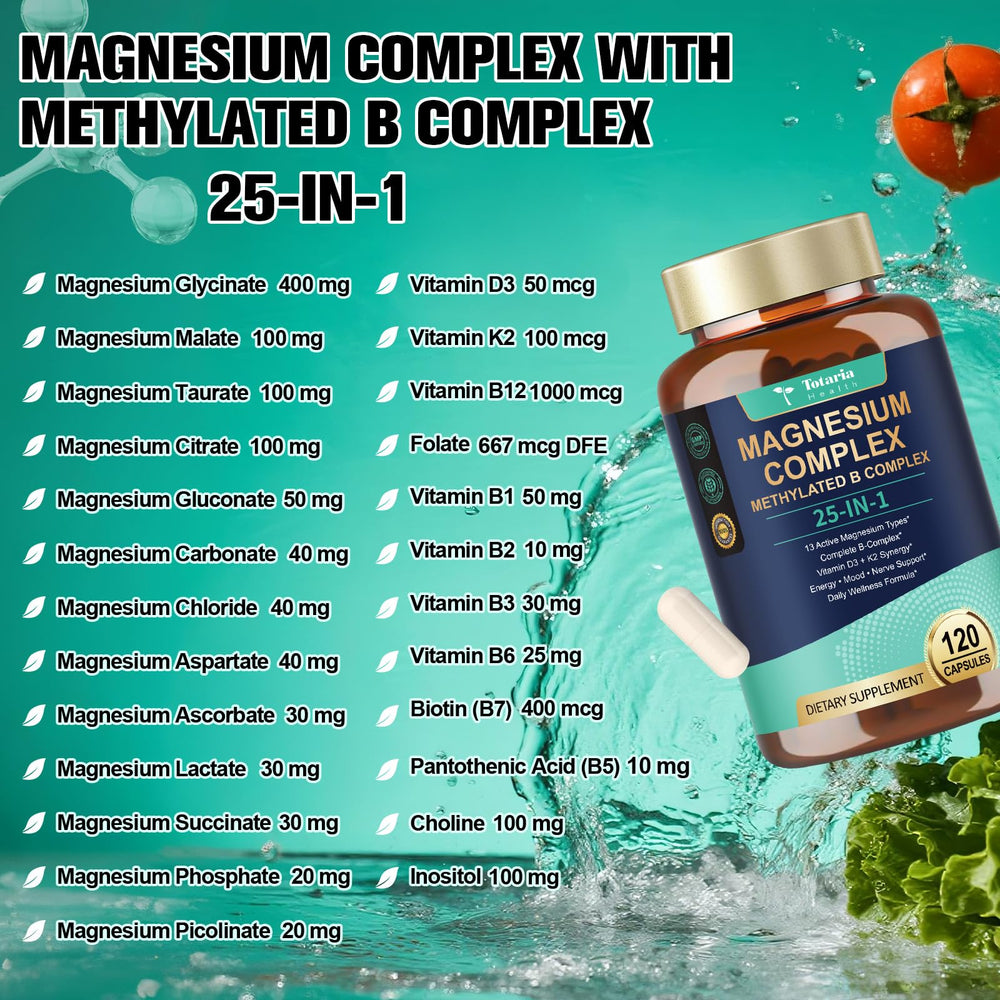 Totaria 25-in-1 magnesium complex capsules closeup highlighting vegan capsules