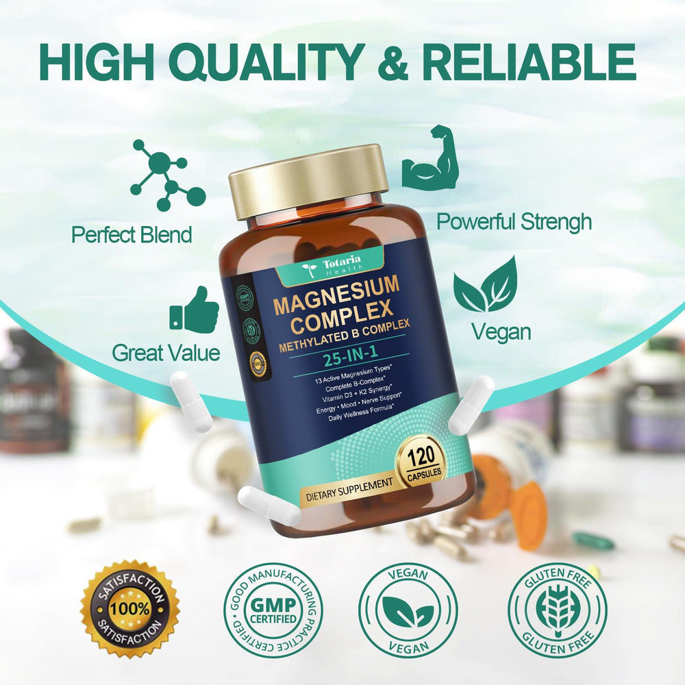 Totaria 25-in-1 magnesium complex with D3 and K2 bottle accentuates absorption