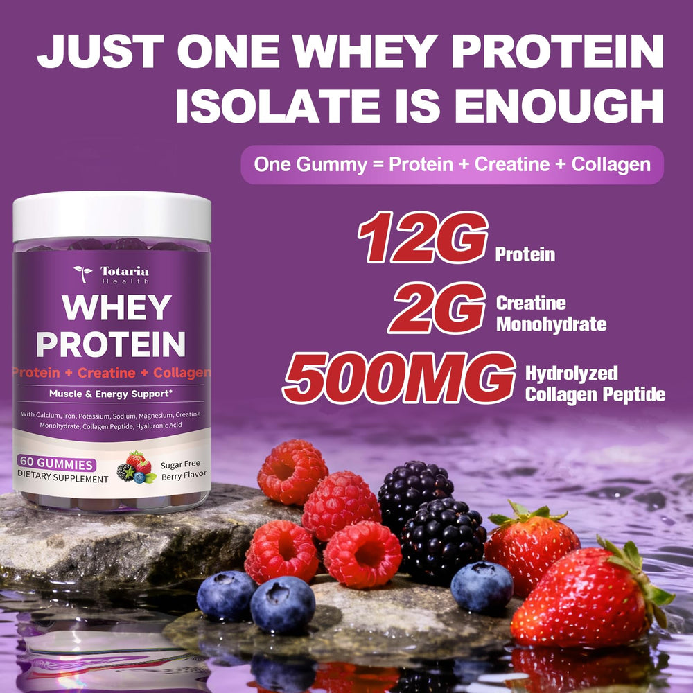 Totaria 3in1 gummies pack closeup showing berry flavor and protein boost.