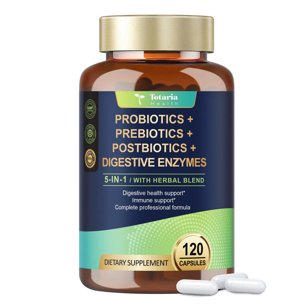 Totaria 5-in-1 probiotic bottle for daily digestive balance and immune support.