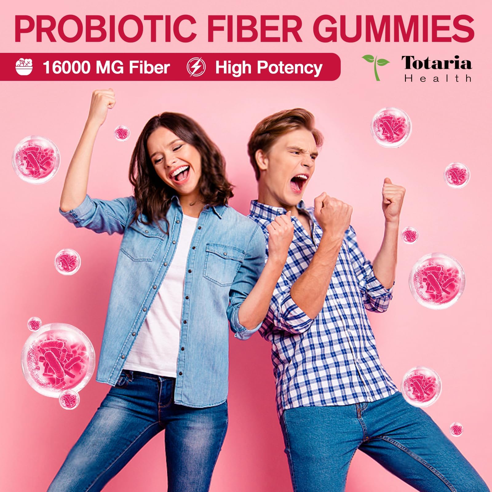 Totaria gummies bottle back label highlights fiber and probiotic blend.