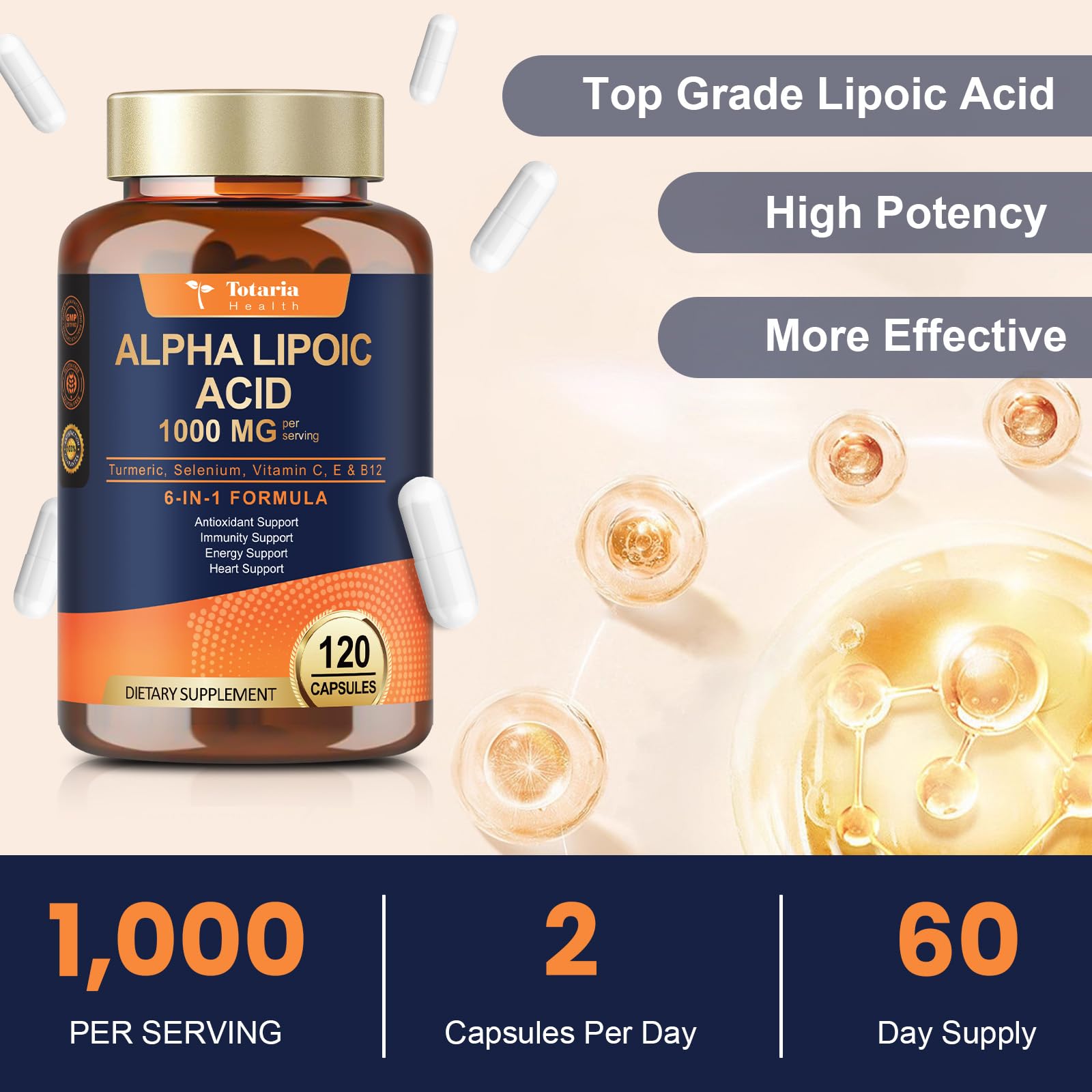 Totaria Alpha Lipoic Acid packaging implies anti-aging and cellular support potential.