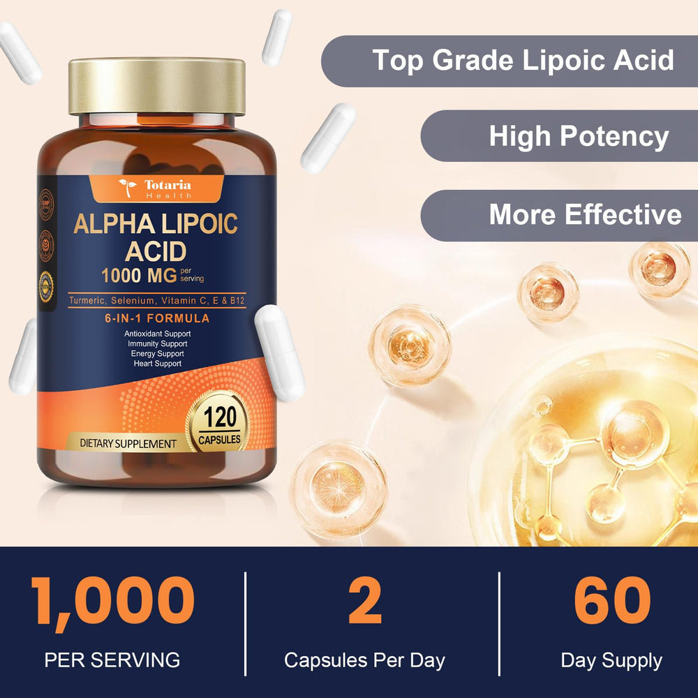 Totaria Alpha Lipoic Acid packaging implies anti-aging and cellular support potential.