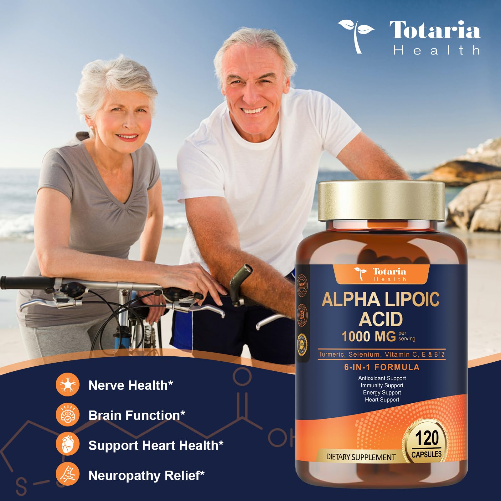 Totaria ALA bottle on kitchen counter suggests daily metabolism and energy support.