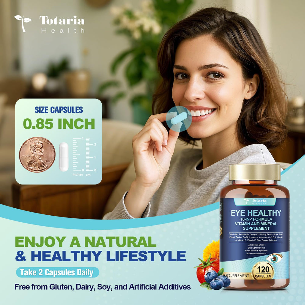 Totaria AREDS2 bilberry extract capsule highlights blue-light comfort and moisture balance