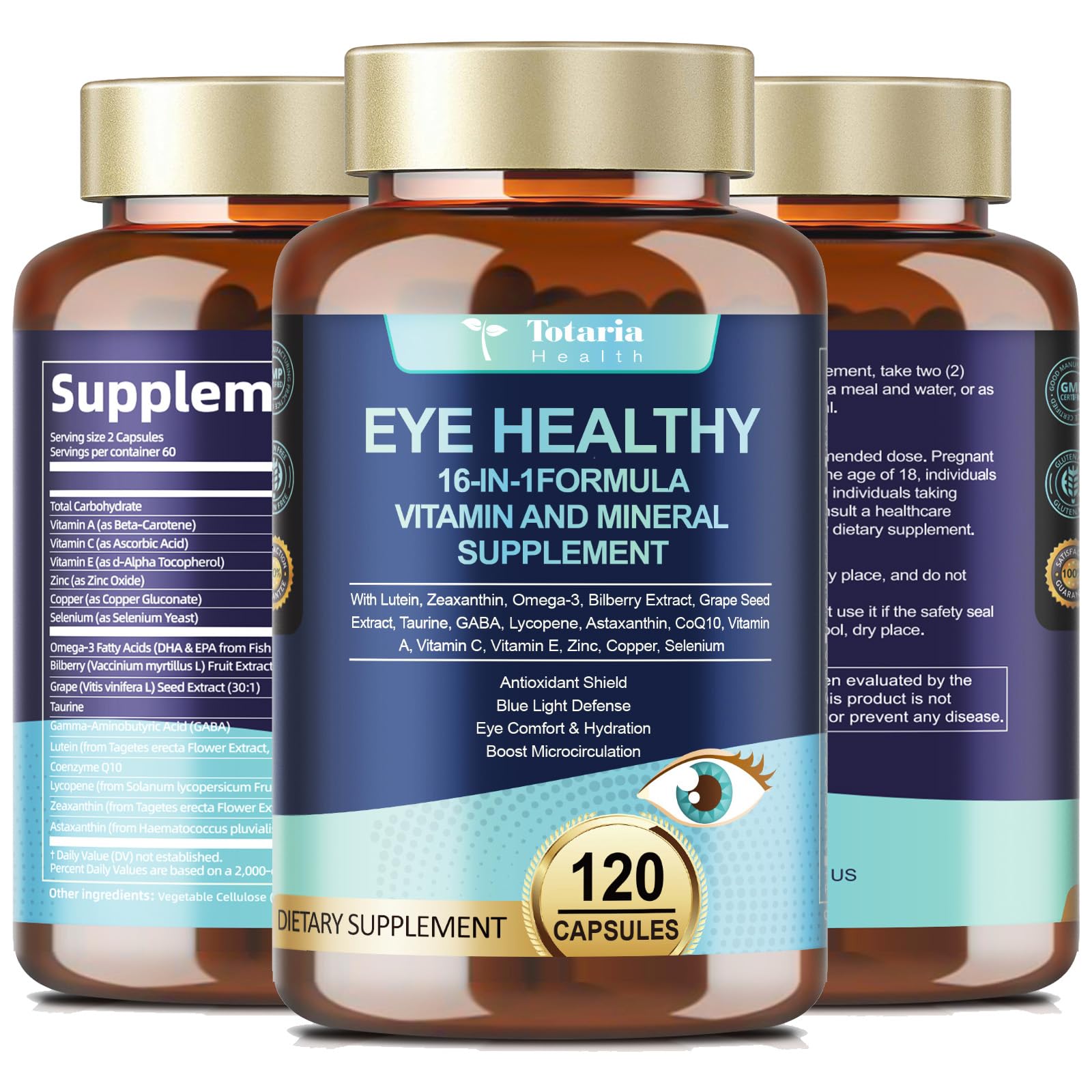 Totaria AREDS2 eye vitamins bottle pour shows easy daily dosage for eye support