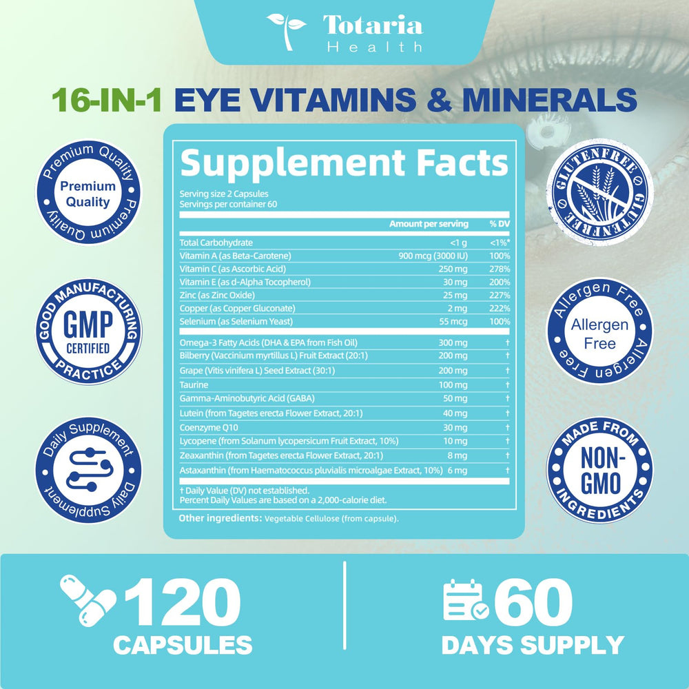Totaria AREDS2 omega-3 bottle emphasizes DHA/EPA for tear film support