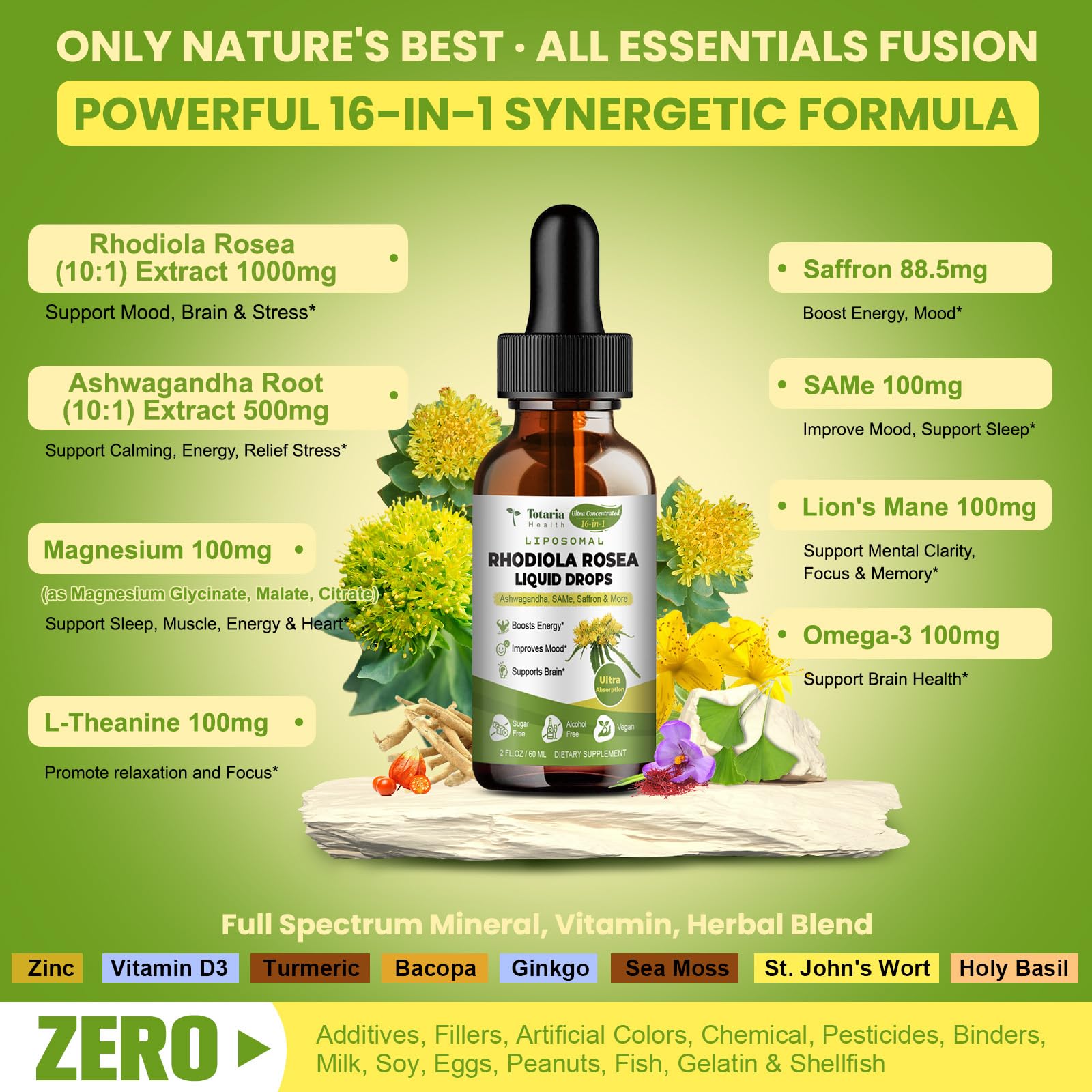 Totaria ashwagandha rhodiola blend bottle emphasizes adaptogenic support.