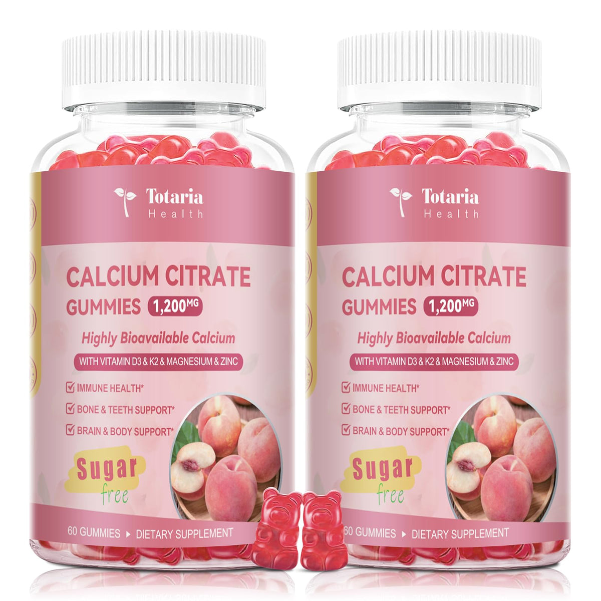 Totaria calcium citrate gummies 1200mg peach 2-pack for daily bone support