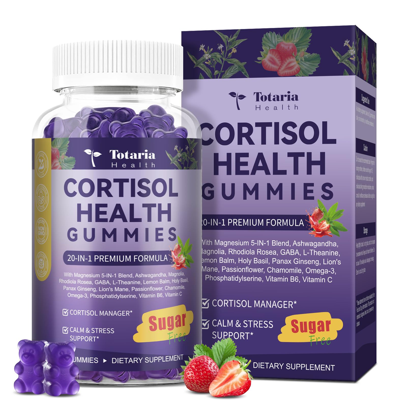 Totaria Cortisol Gummies bottle closeup highlighting 20-in-1 formula and wild strawberry flavor