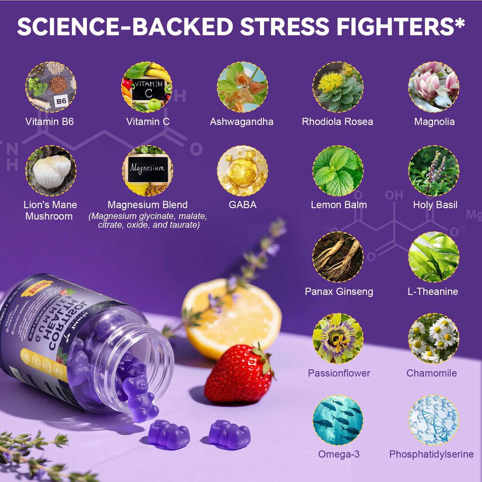 Totaria Cortisol Gummies label detail showing vegan and allergen-free formulation