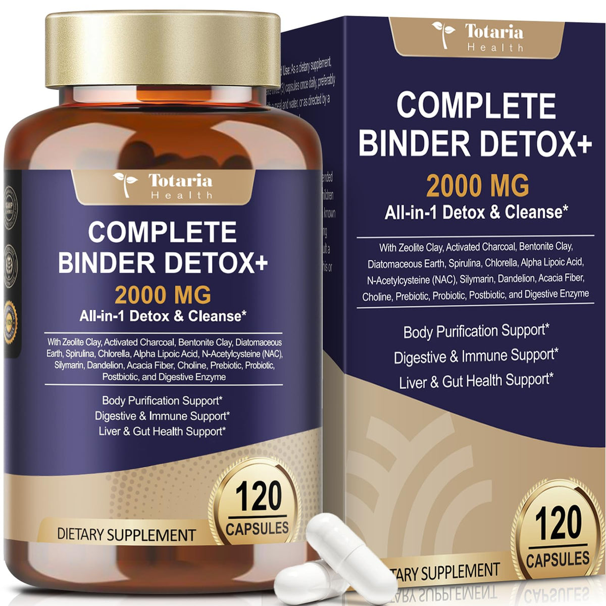 Totaria detox binder bottle front shows 120 count for daily toxin support