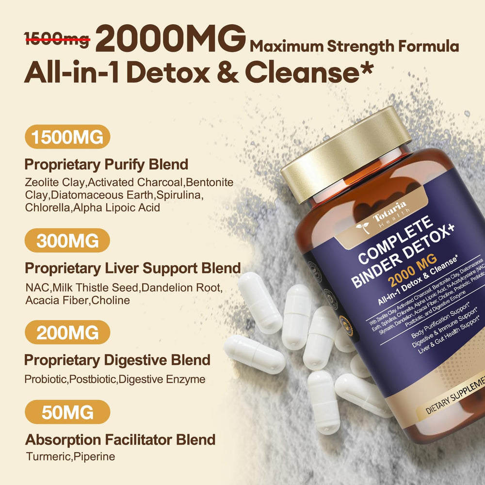 Totaria detox binder label close-up highlighting ingredients for liver and gut support