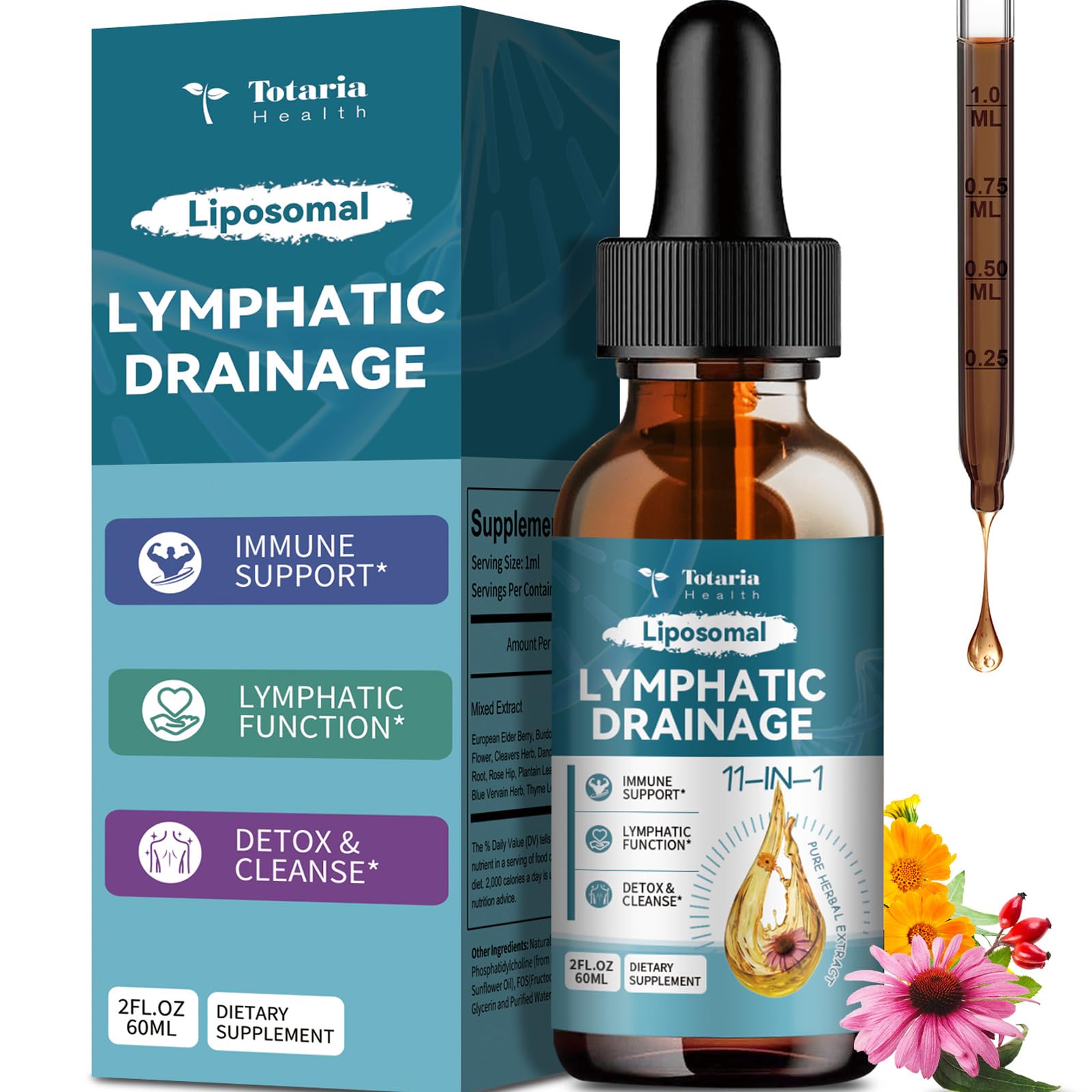 Totaria Liposomal Lymphatic Drainage Drops bottle front view with organic 11-in-1 blend
