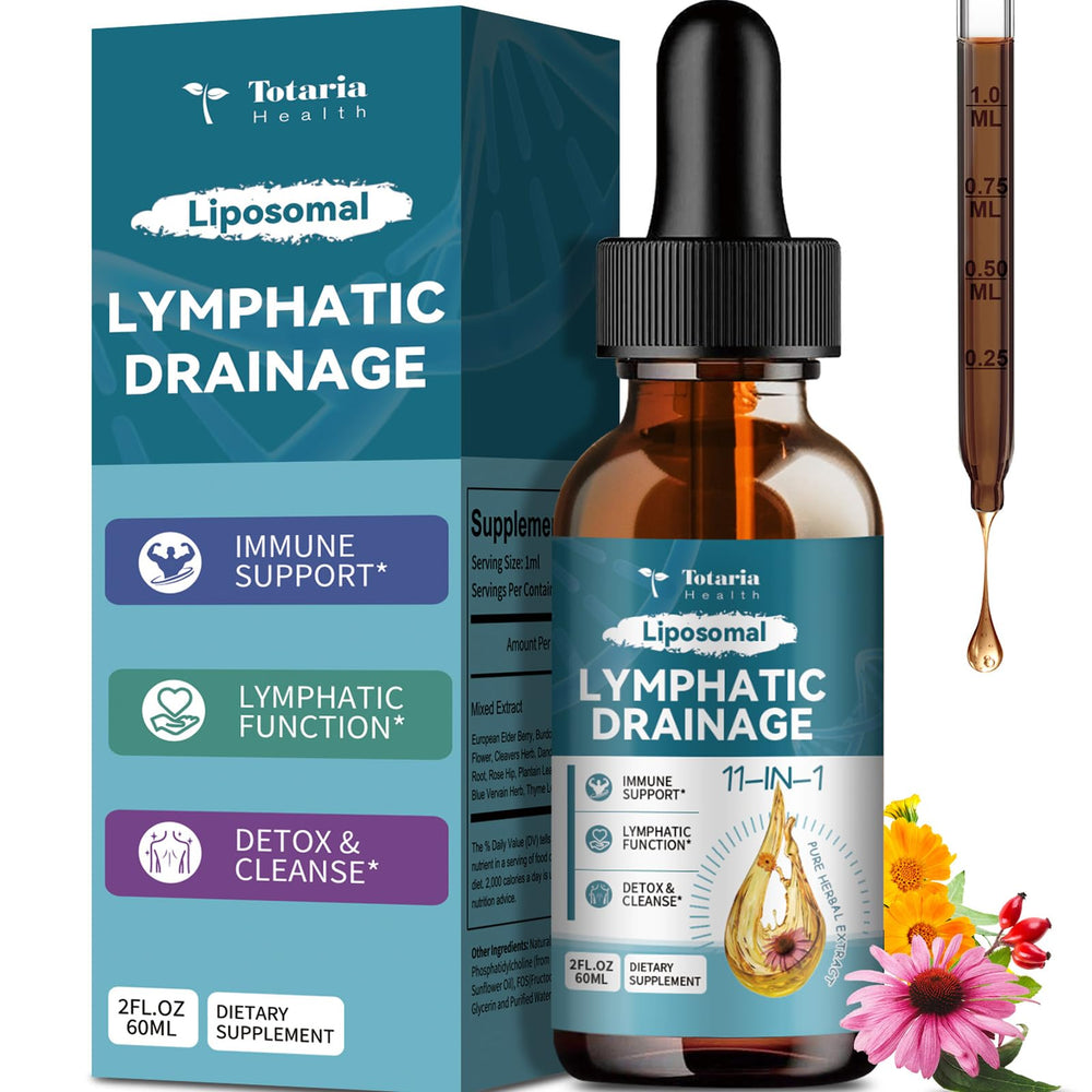 Totaria Liposomal Lymphatic Drainage Drops bottle front view with organic 11-in-1 blend