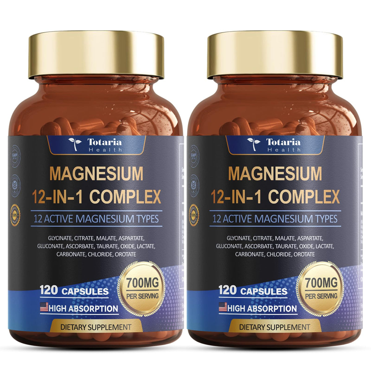 Totaria Magnesium Complex bottle displaying the 12-forms blend for better absorption.