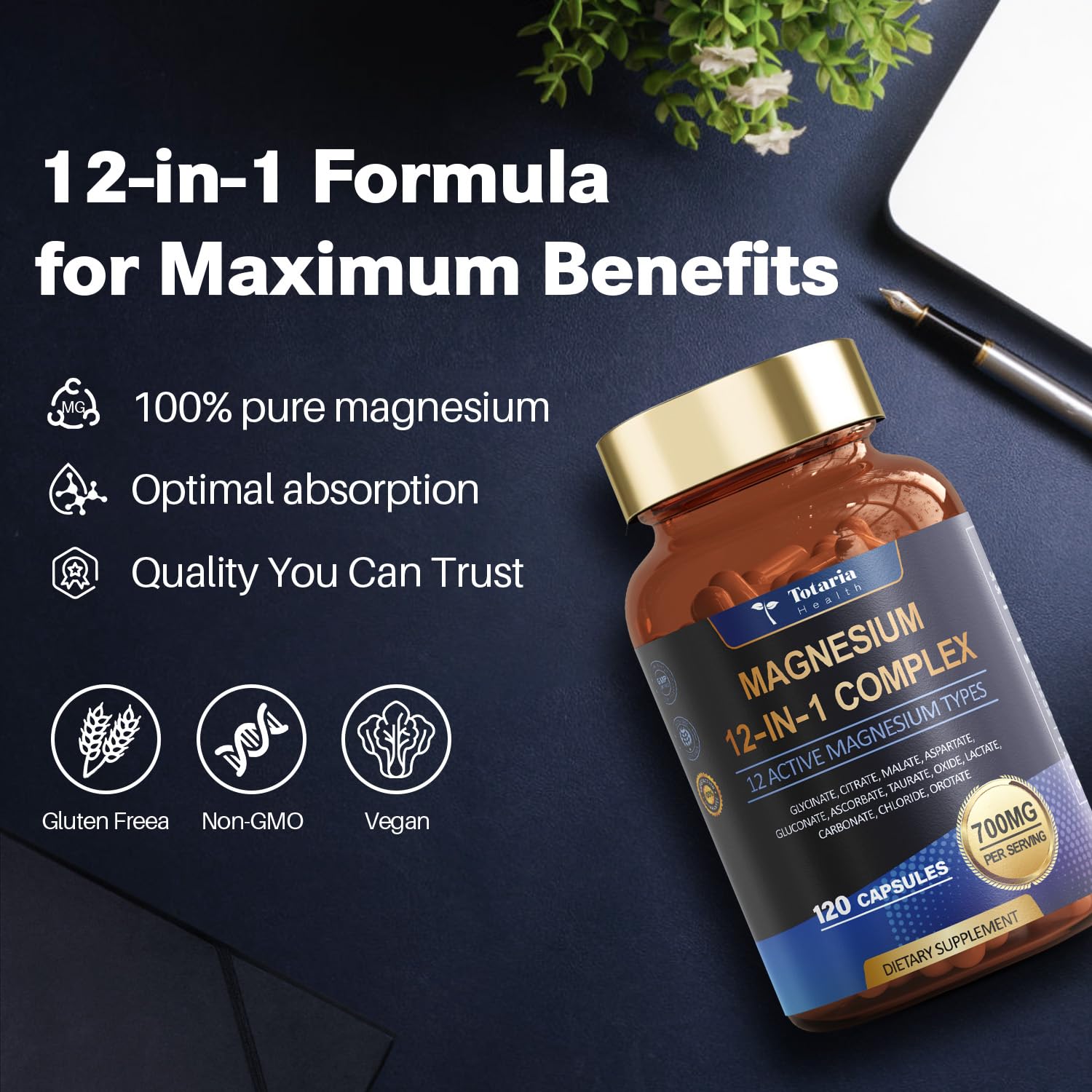 Totaria Magnesium Complex vegan symbol indicating plant-based formulation.