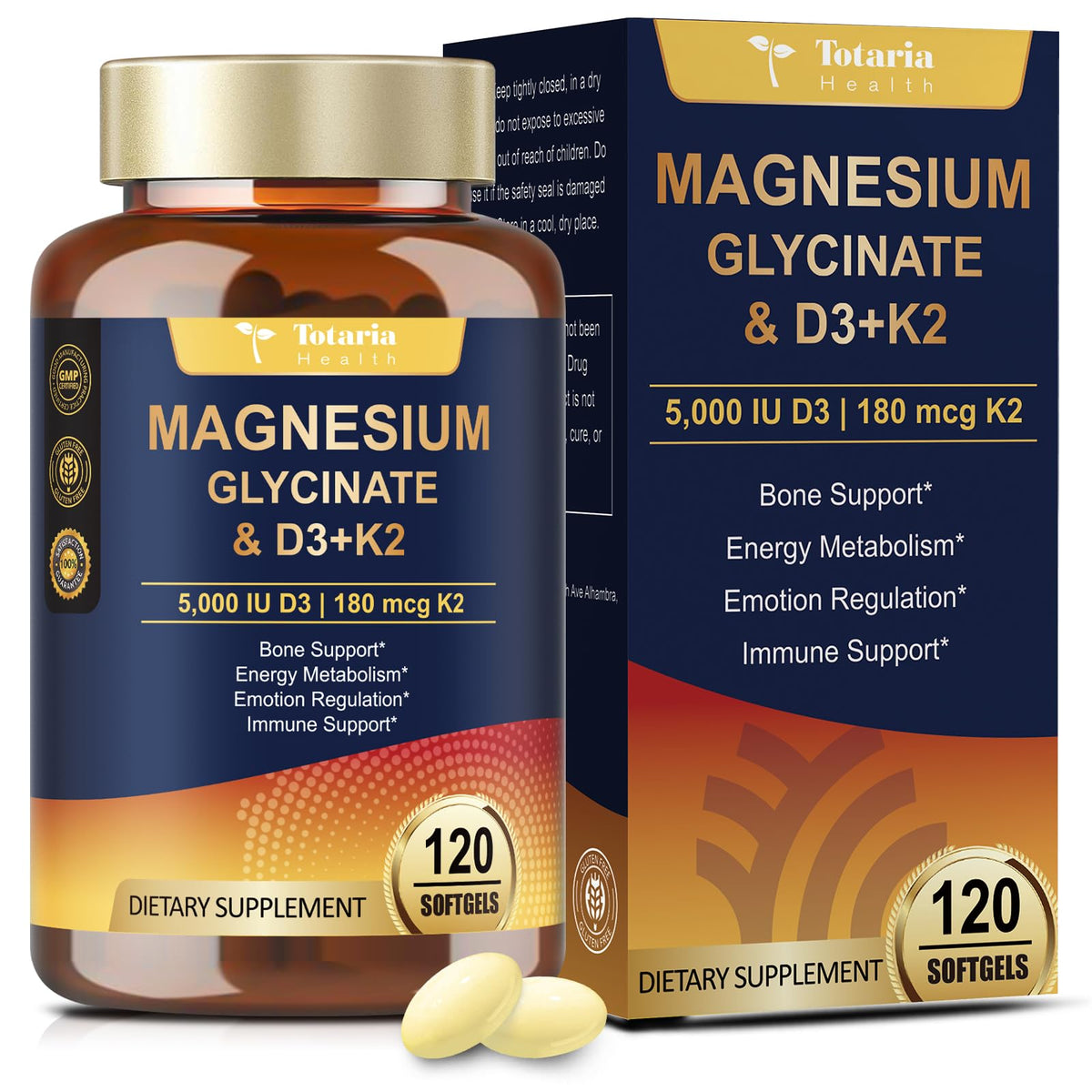 Totaria magnesium-glycinate-d3-k2 softgels bottle promoting high-absorption daily wellness