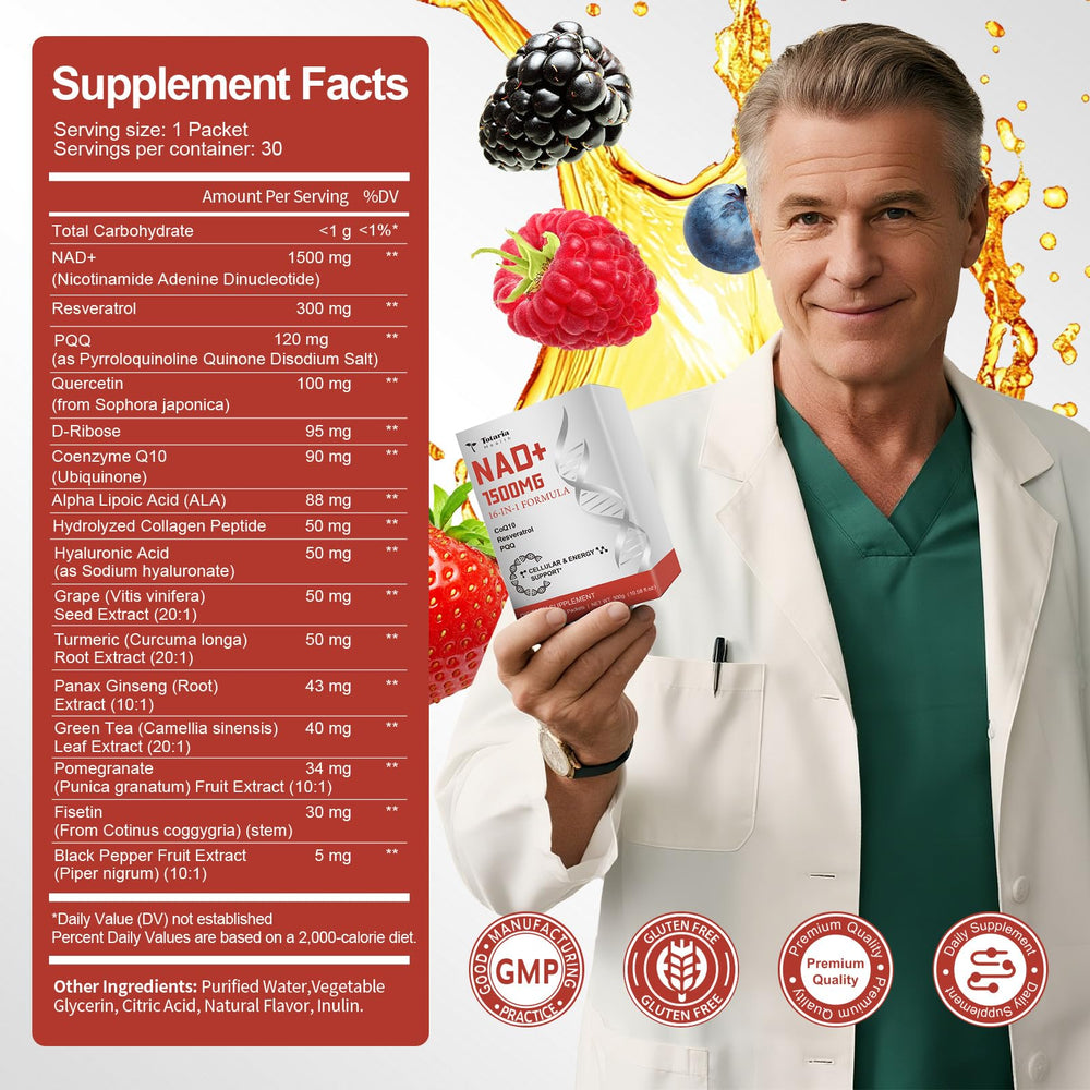 Totaria NAD+ liquid ingredients panel highlighting 16-in-1 formula.