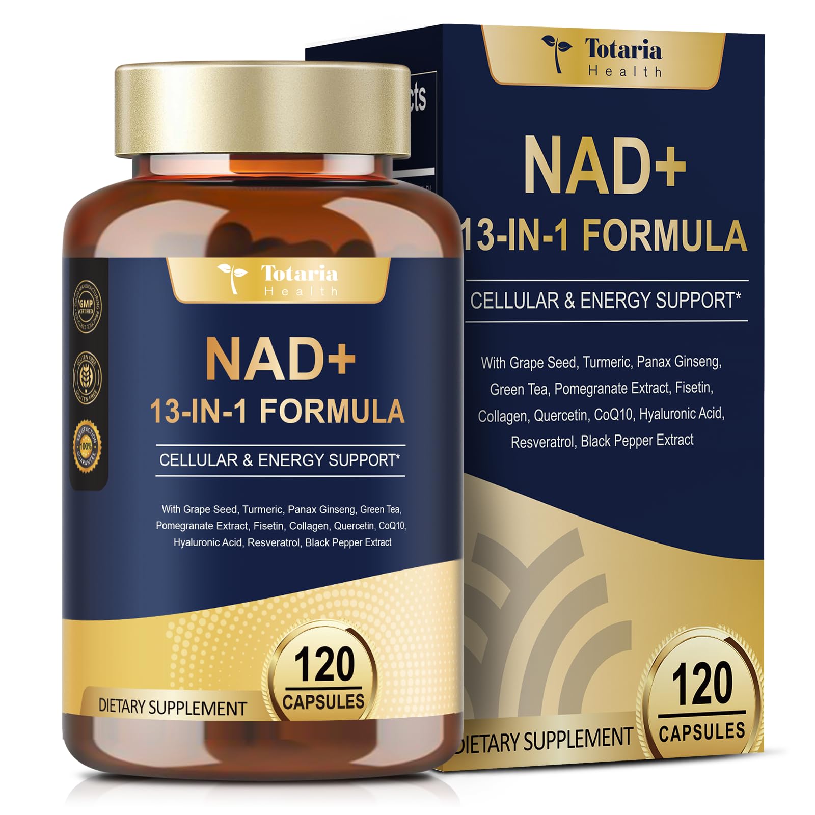 Totaria NAD supplement bottle front view supporting energy and wellness.