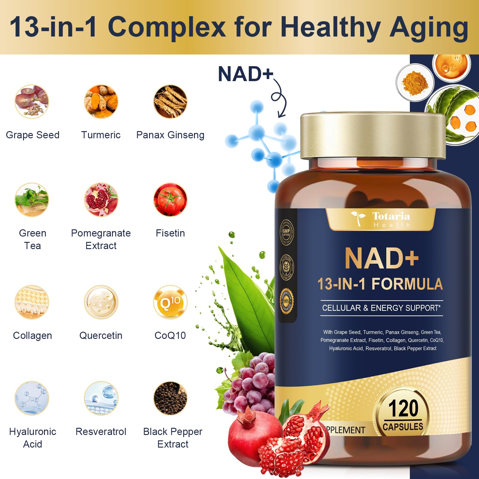 Totaria NAD supplement capsules close-up for easy daily intake.