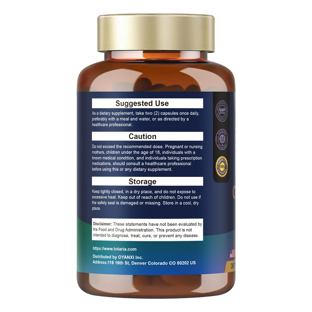 Totaria bottle with pouring capsules illustrating easy daily dosing.