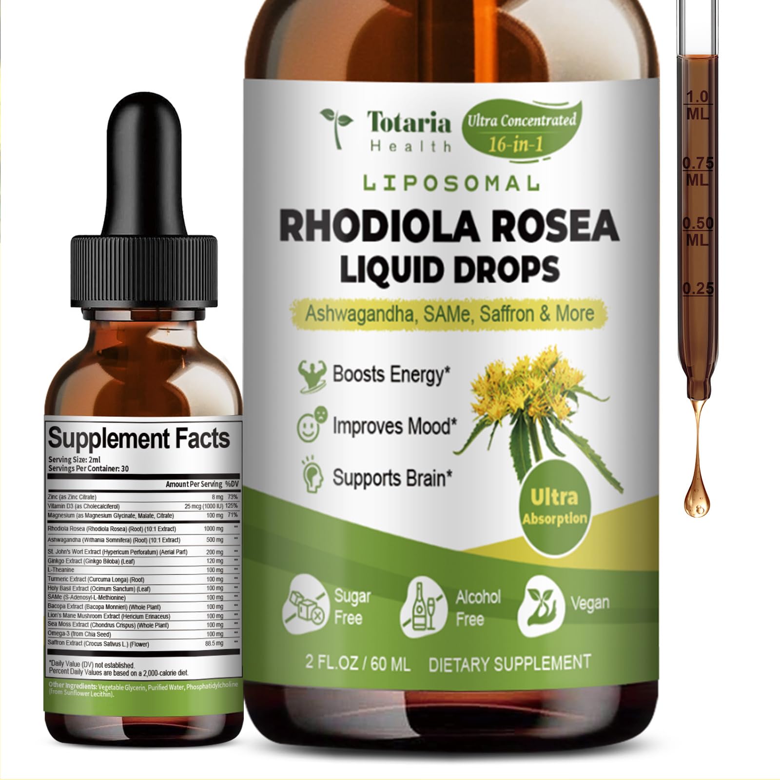 Totaria Rhodiola Rosea 16-in-1 tincture bottle for daily vitality and balance.