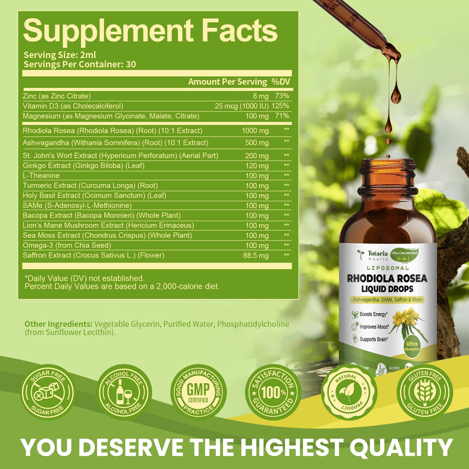 Totaria Rhodiola Rosea label closeup highlighting potency and purity.