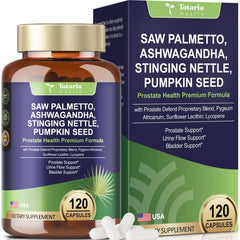 Totaria saw palmetto bottle showing organic extracts for daily urinary support.