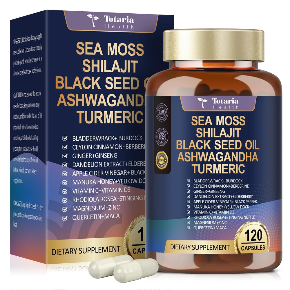 Totaria sea moss bottle close-up for daily wellness and energy support.