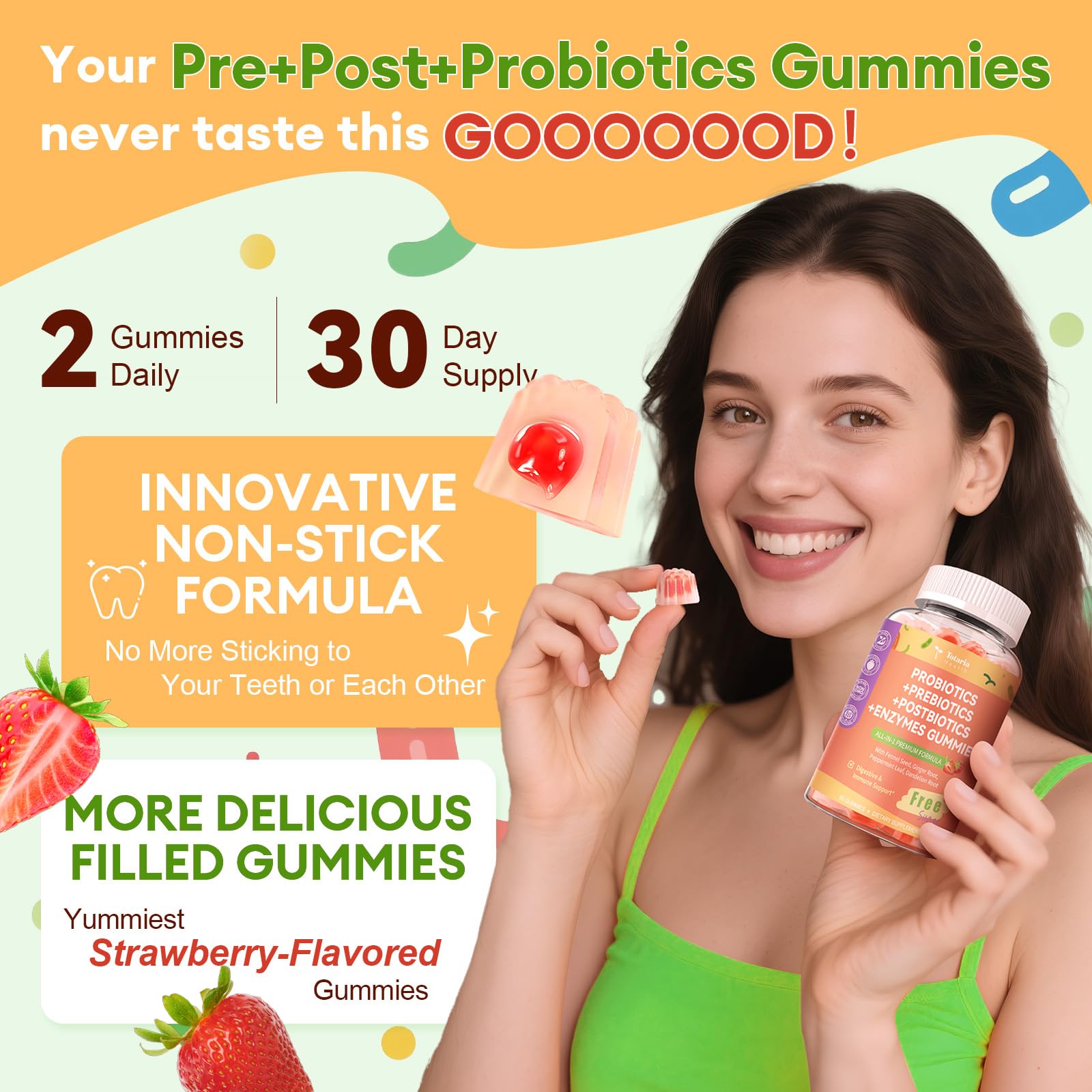 Totaria Sugar-Free 5-in-1 strawberry flavor emphasizes vegan, gluten-free gummies.