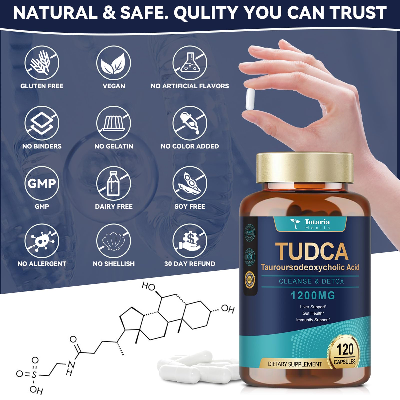 Totaria TUDCA bottle label highlights vegan and gluten-free attributes.