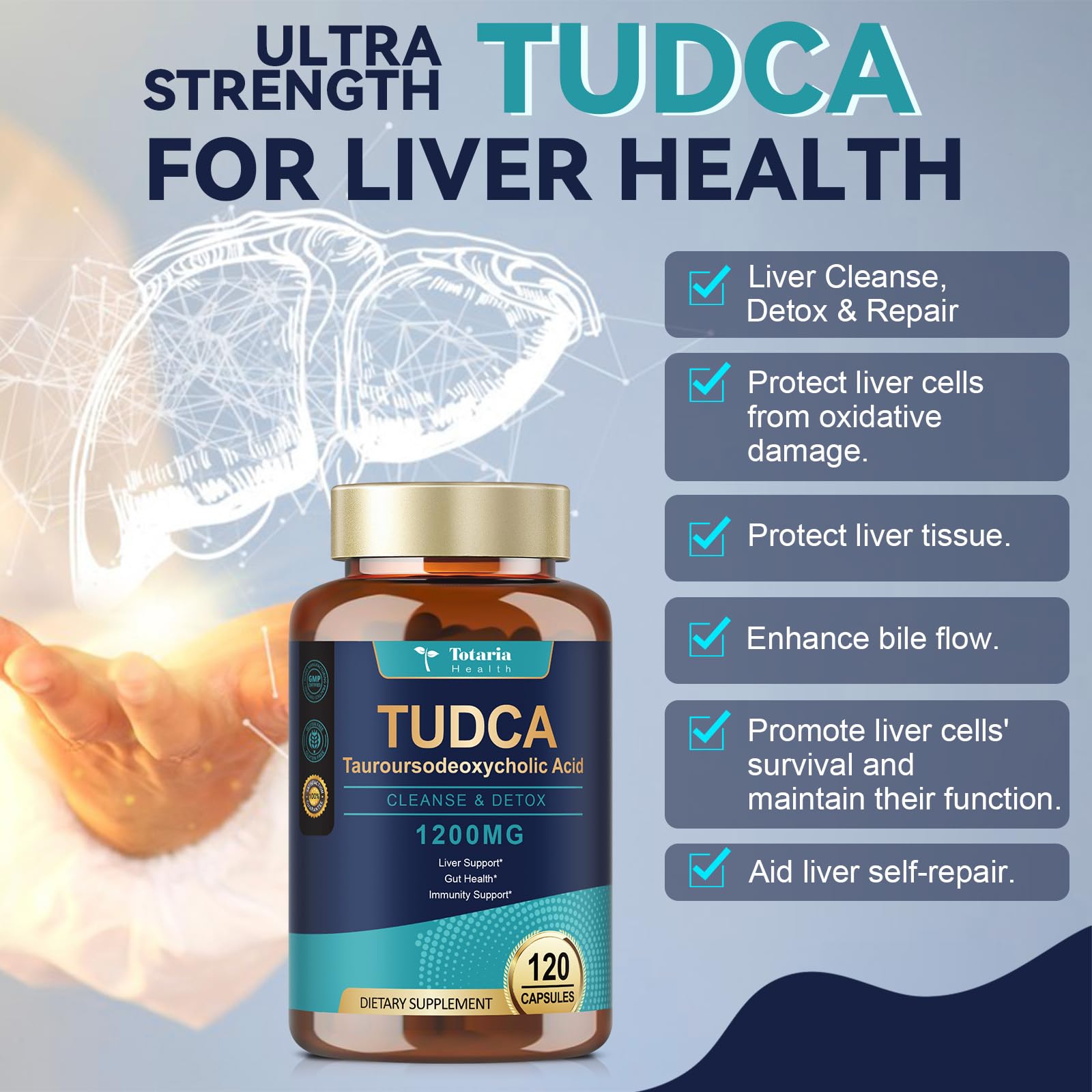 Totaria TUDCA packaging shown with GMP quality for reliable liver support.