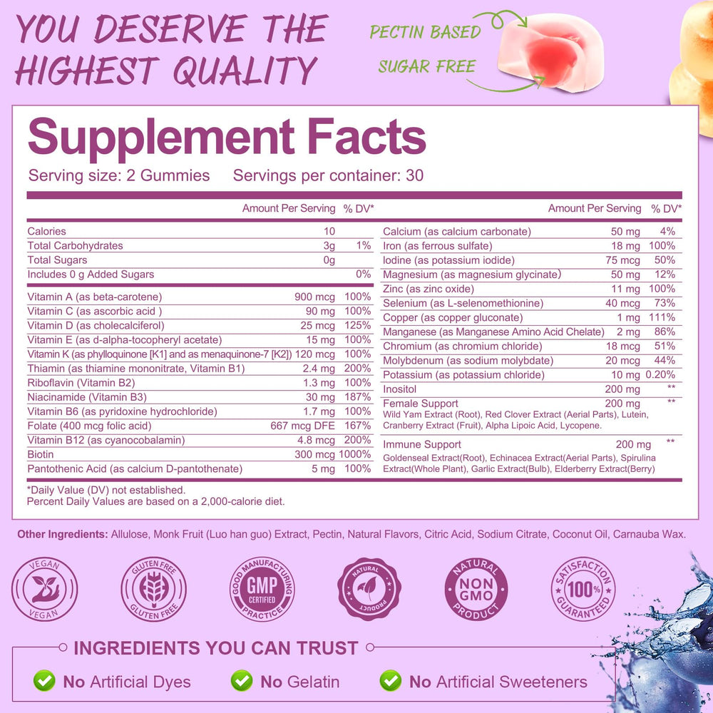Ingredient label on Totaria gummies highlights iron and biotin benefits.