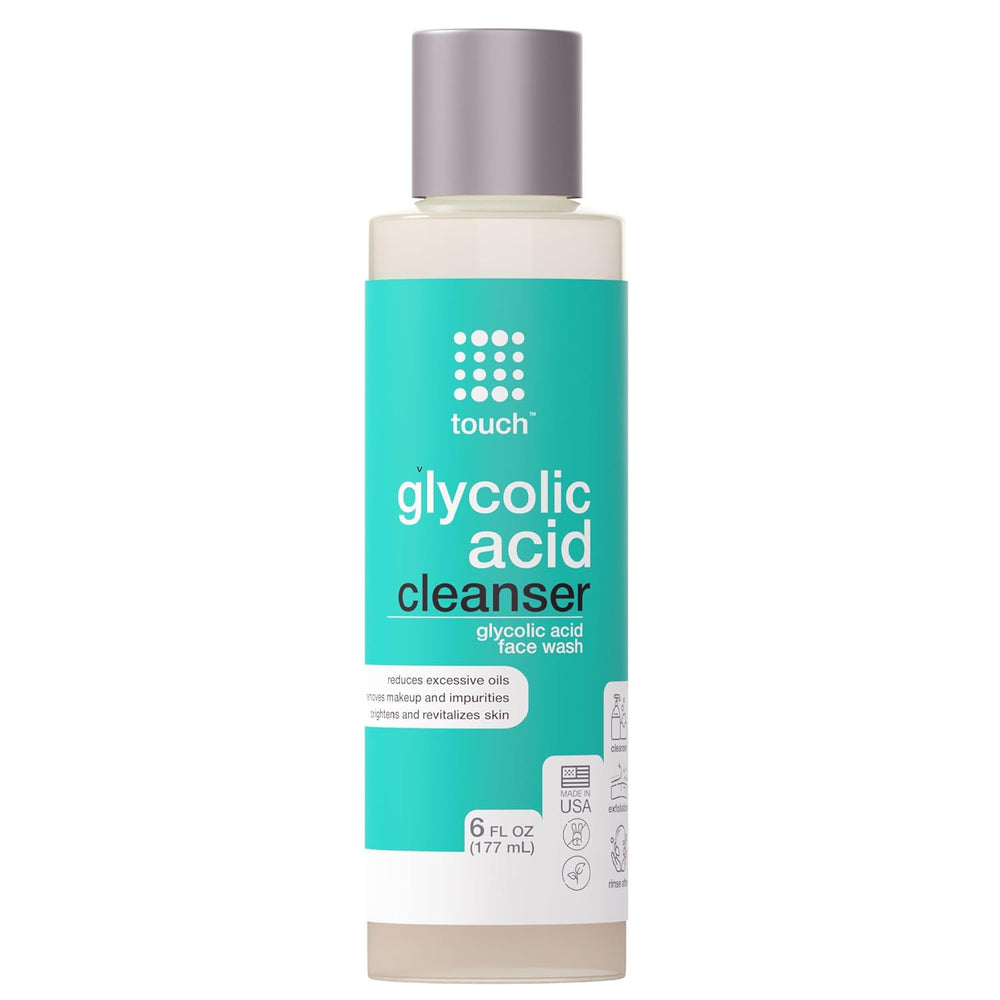 TOUCH 10% Glycolic Face Wash bottle pump with rich foam for gentle daily exfoliation.