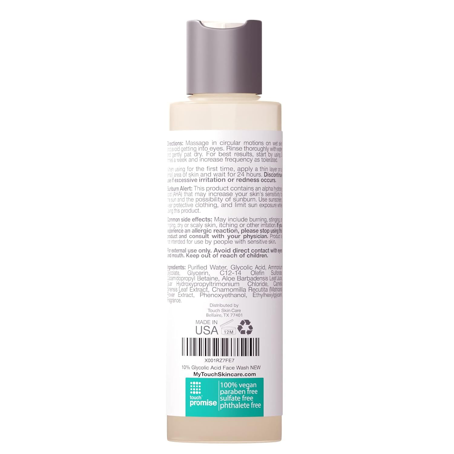 TOUCH glycolic cleanser shown with compatibility for enhanced exfoliation using a brush.