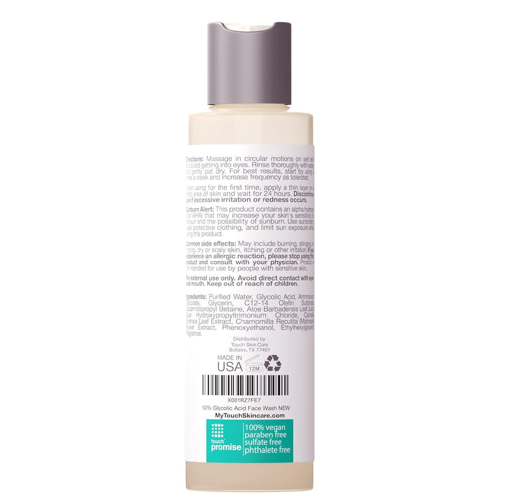 TOUCH glycolic cleanser shown with compatibility for enhanced exfoliation using a brush.