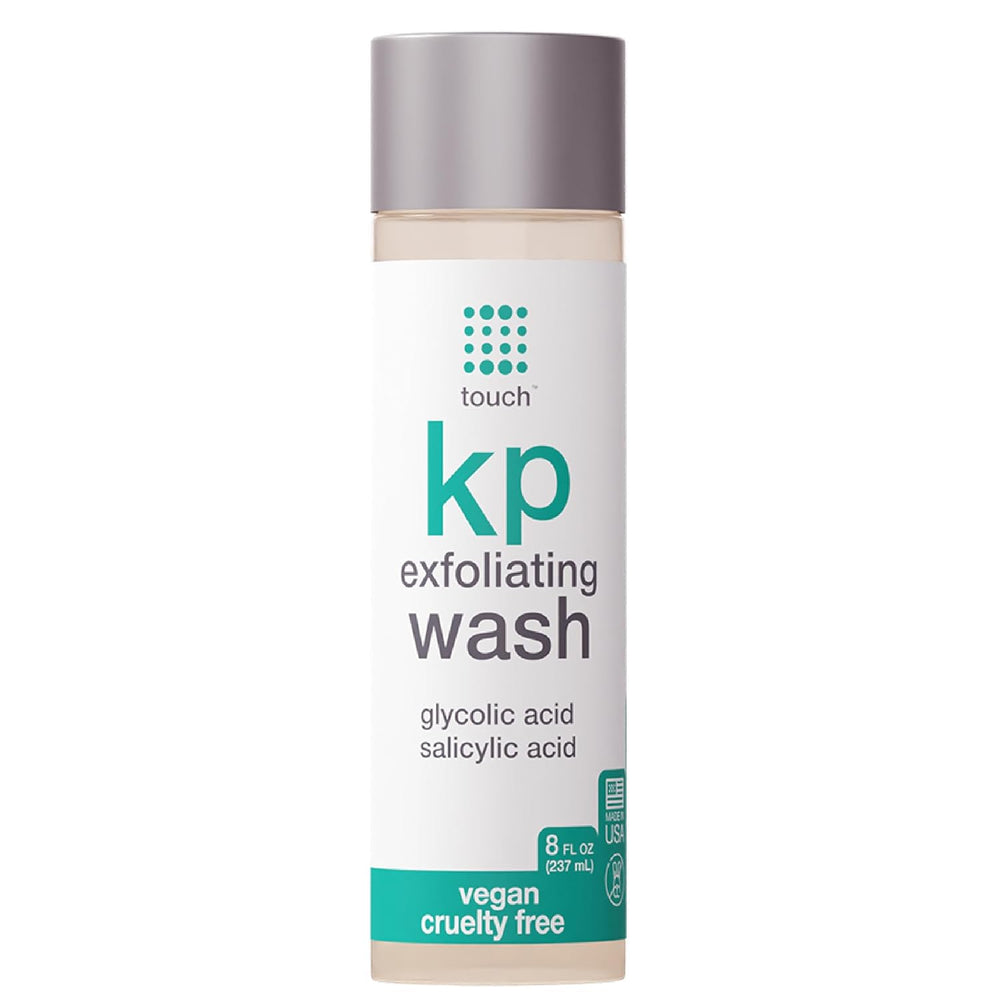 TOUCH KP exfoliating body wash bottle demonstrates a smooth skin result.
