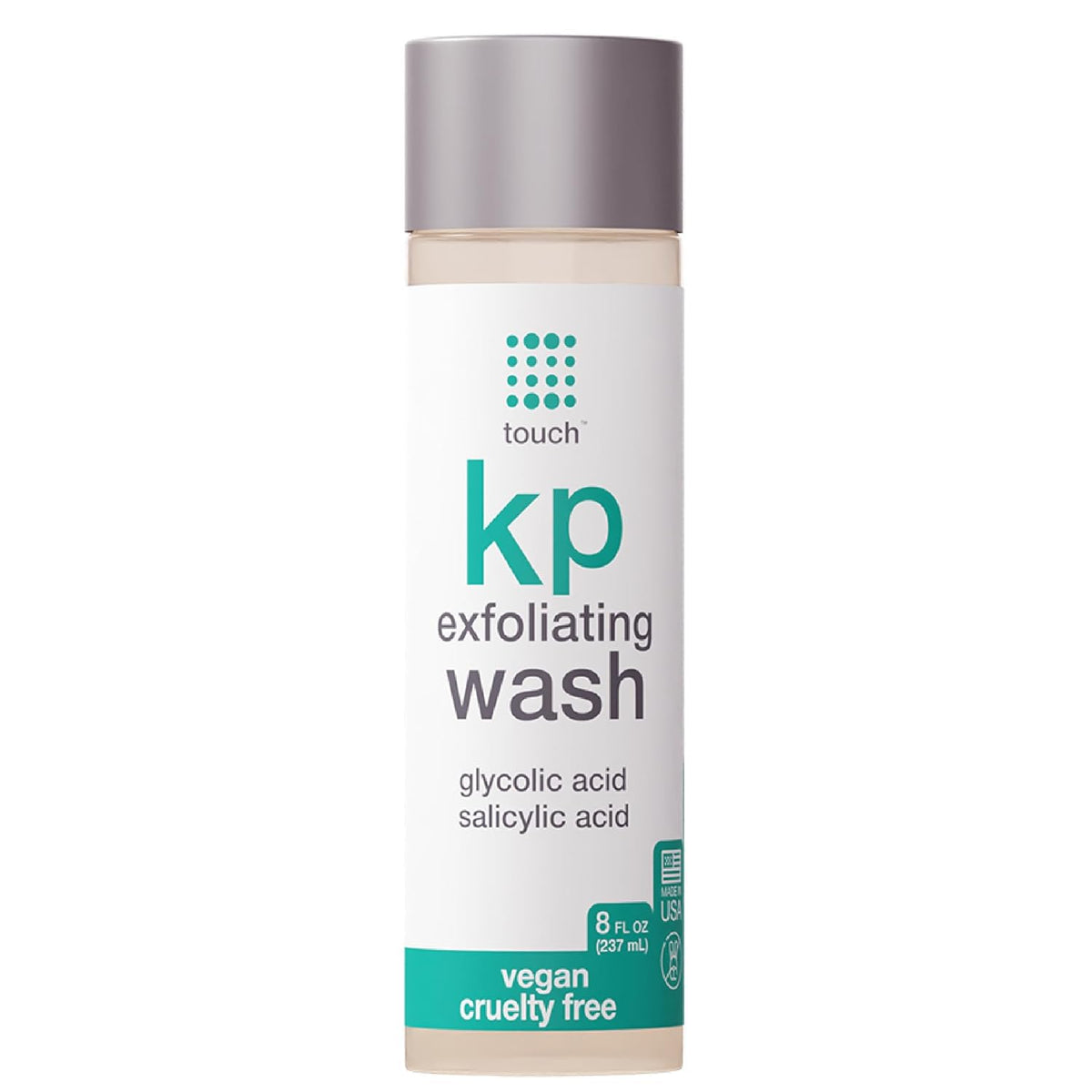 TOUCH KP exfoliating body wash bottle demonstrates a smooth skin result.