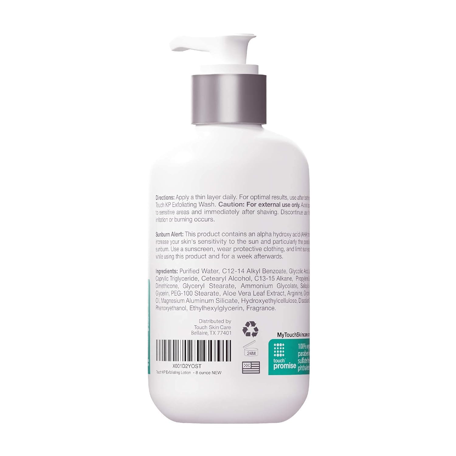TOUCH KP lotion close-up around hair follicles suggests exfoliation benefits.