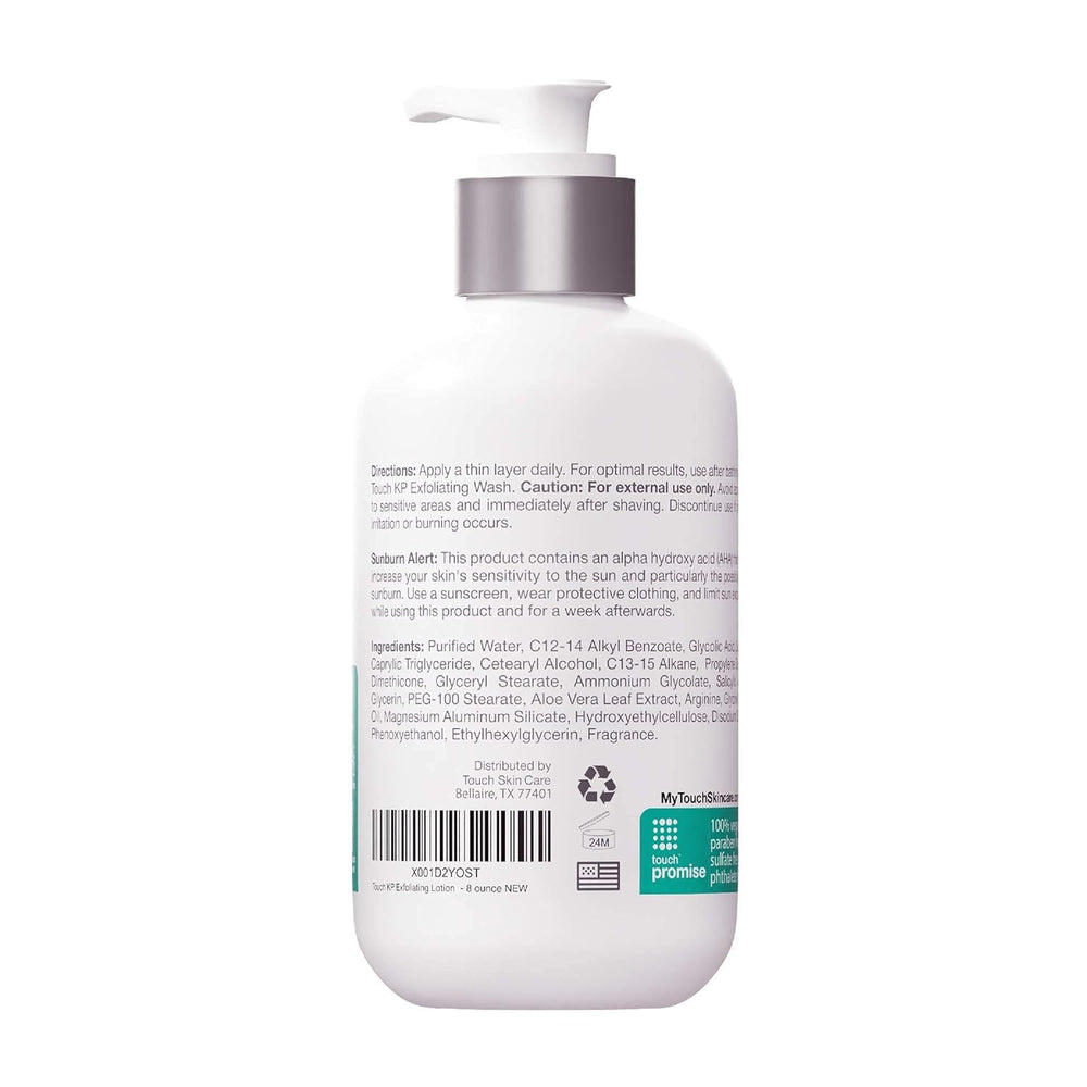TOUCH KP lotion close-up around hair follicles suggests exfoliation benefits.
