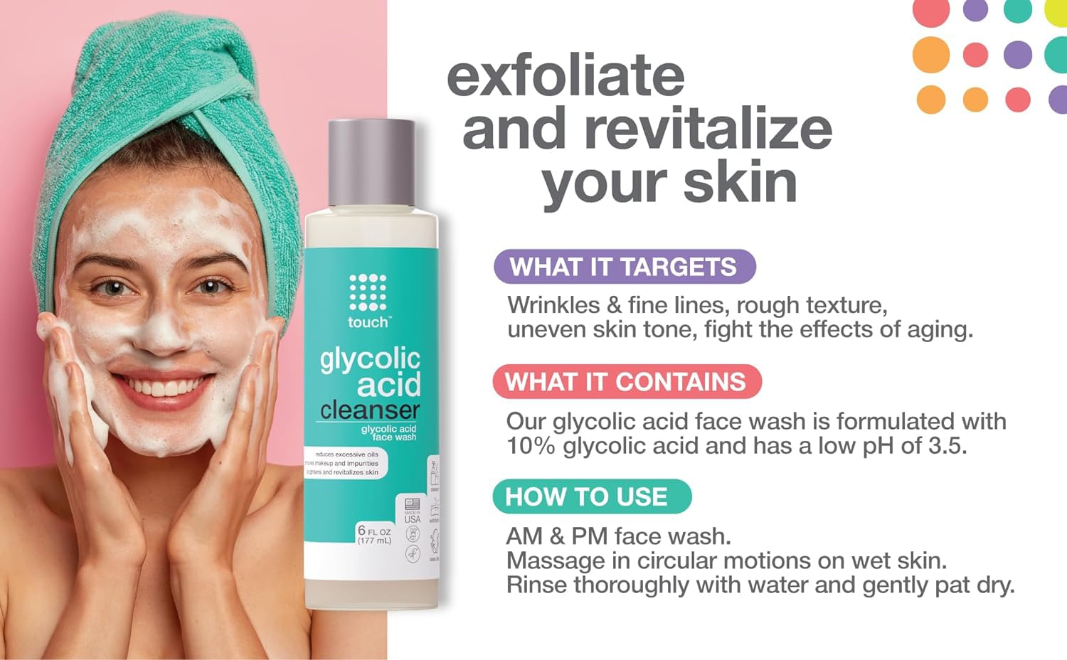 TOUCH Aloe Vera, Green Tea, and Chamomile blend for plant-based cleansing comfort.