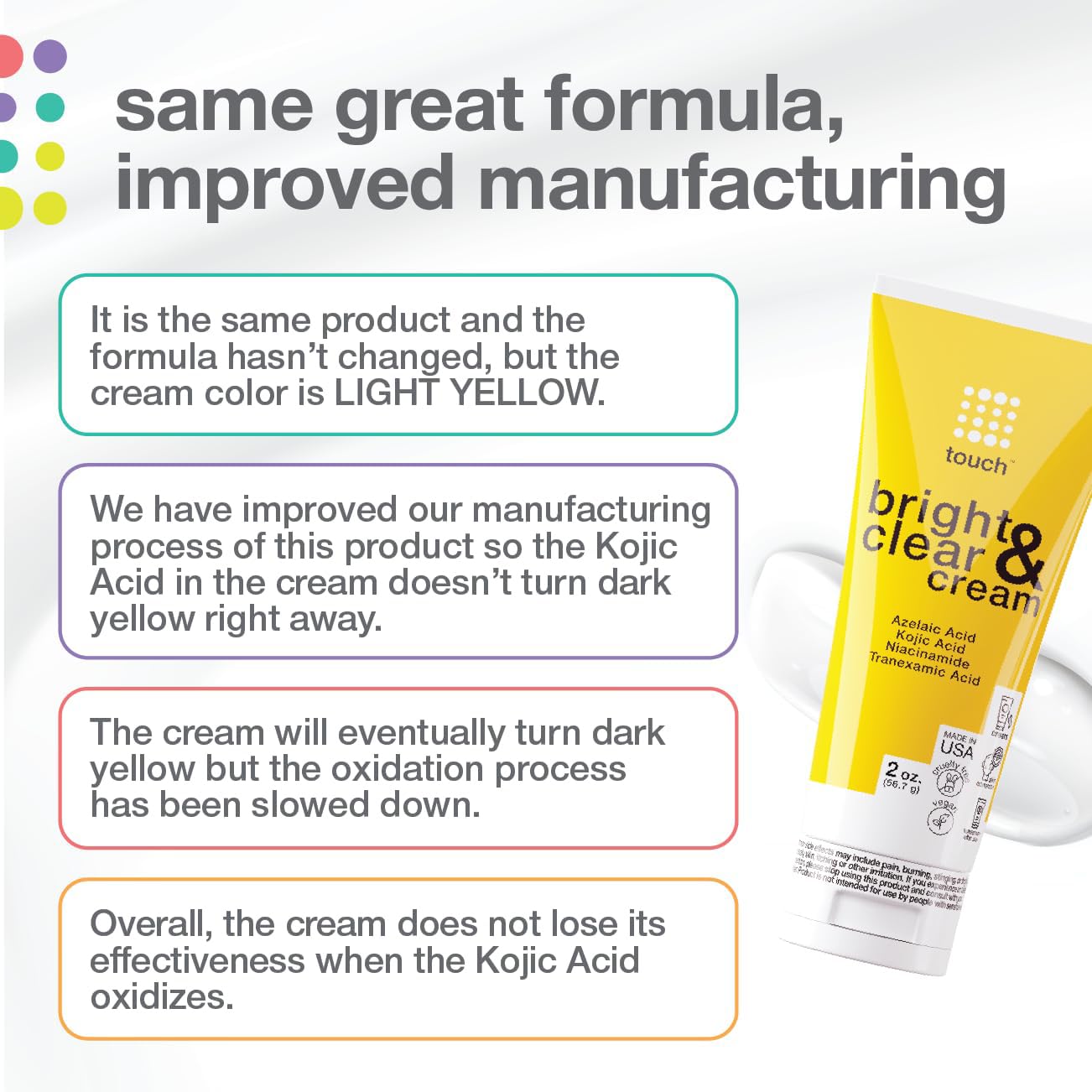 TOUCH Radiance Cream applied to elbow for improved texture and even tone.