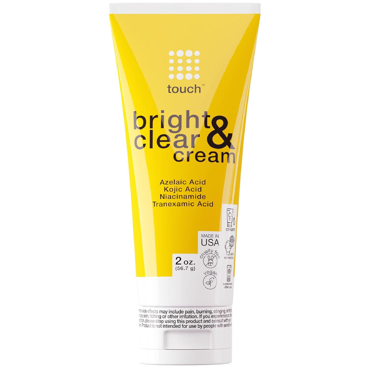 TOUCH Radiance Cream jar closeup showing a fragrance-free formula for brighter, evenly toned skin.